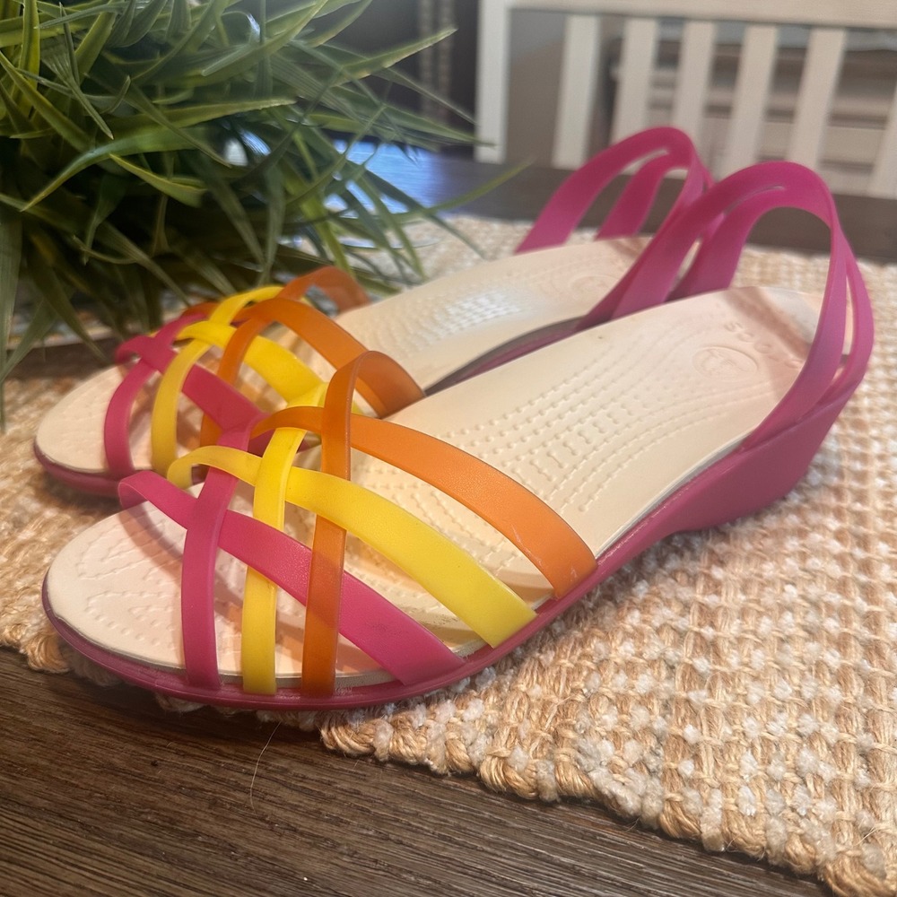 CROCS Multicolor Pink Yellow Orange Strap Wedge Sandals